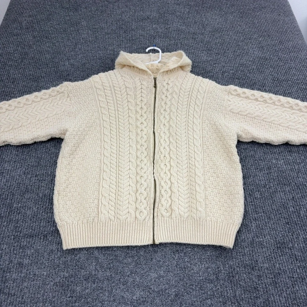 Vintage Carraig Donn Zip Hoodie Mens M Cream Wool Cable Knit Aran Irish Boho